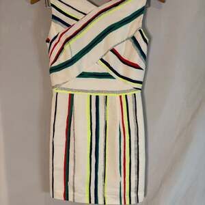 Milly St. Tropez Allison Neon and Shimmer Stripe Deep V-Back Mini Dress Sz 4